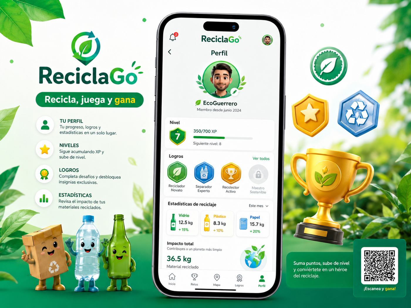 Perfil de ReciclaGo con niveles, logros y estadísticas