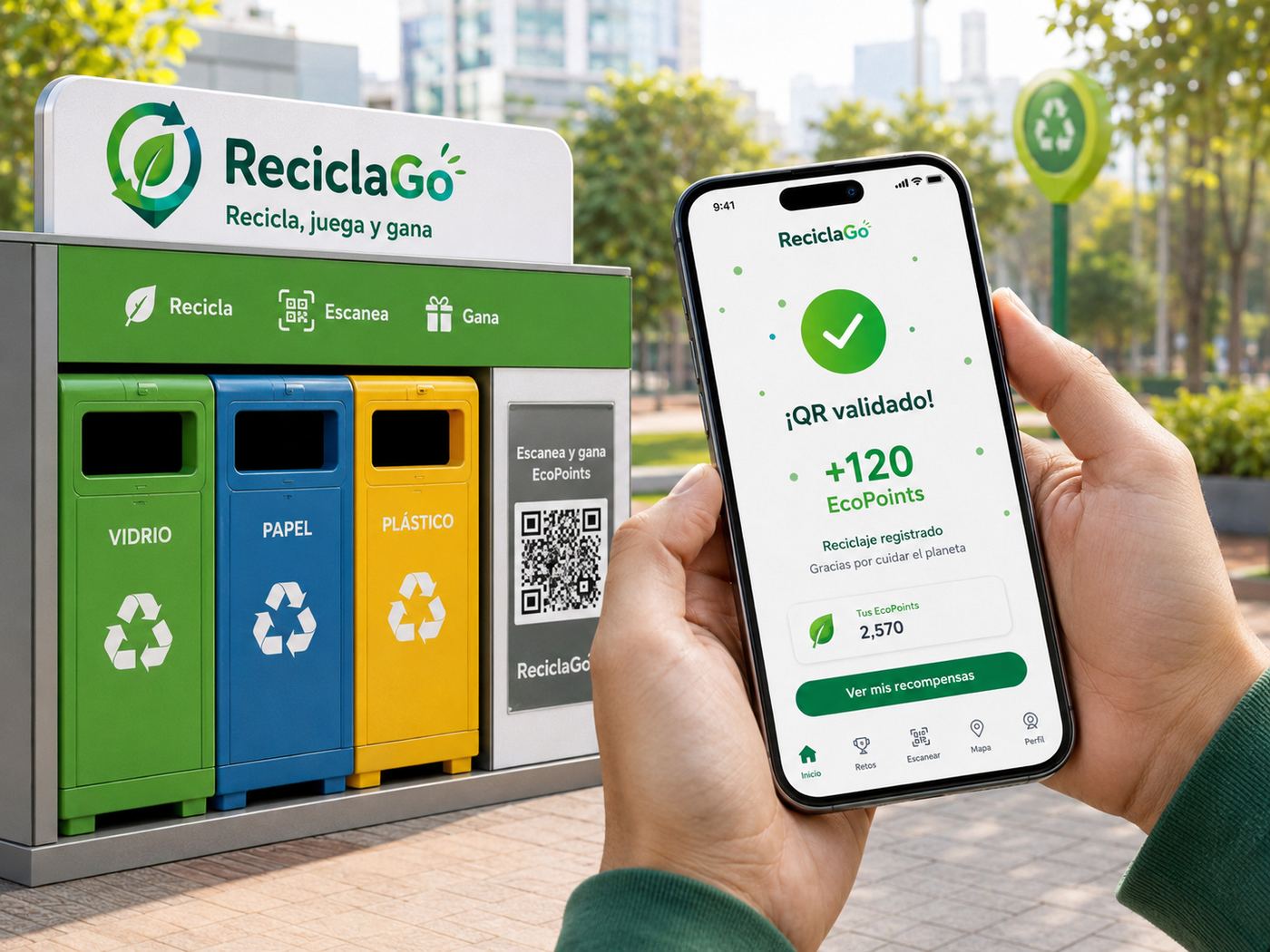 Estación ReciclaGo con QR para validar el reciclaje en la app